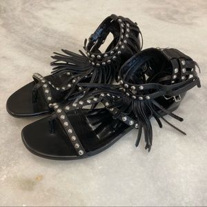 YSL SAINT LAURENT Leather Fringe Studded Sandal 37.5